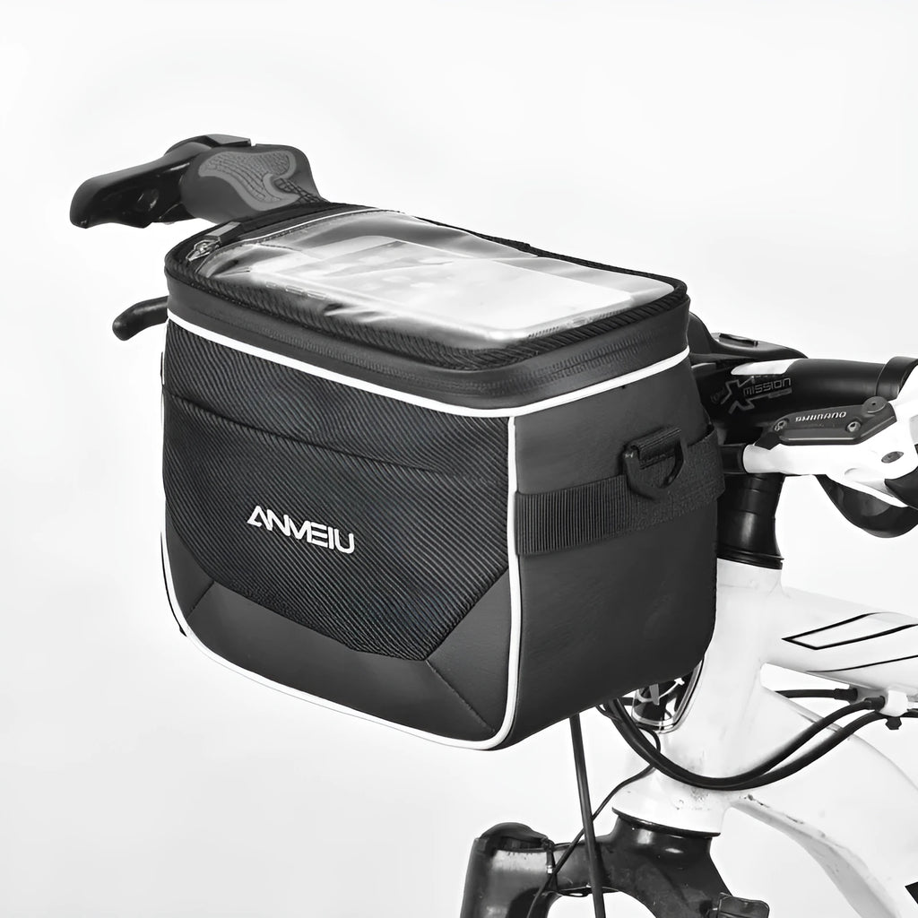 Black 7 inch polyester bicycle bag with hanging straps for handlebar mounting