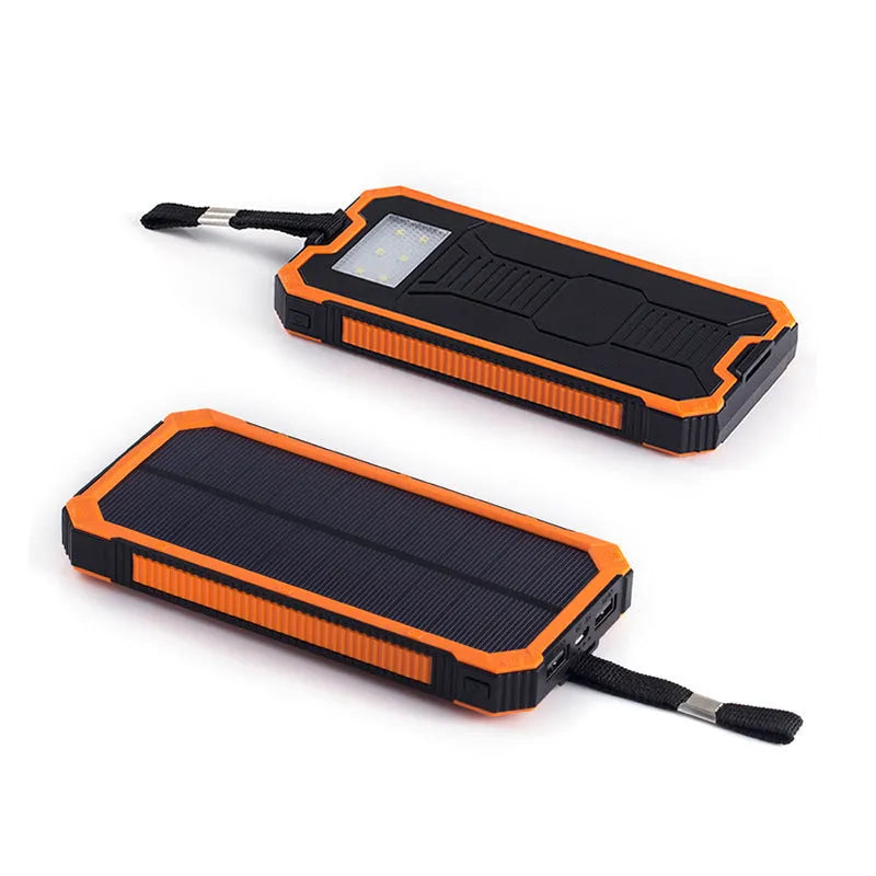 Solar power bank in orange plastic case with solar panel, showing USB ports and dimensions 161x79x17mm.