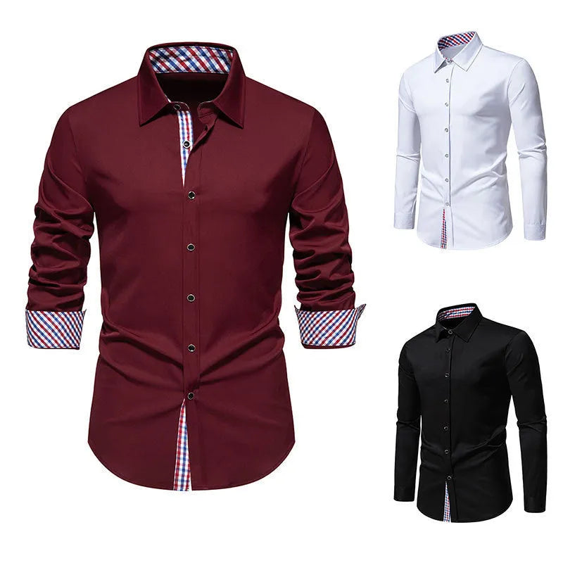 Men's loose fit plaid long-sleeved casual shirt in cardigan style on a hanger.