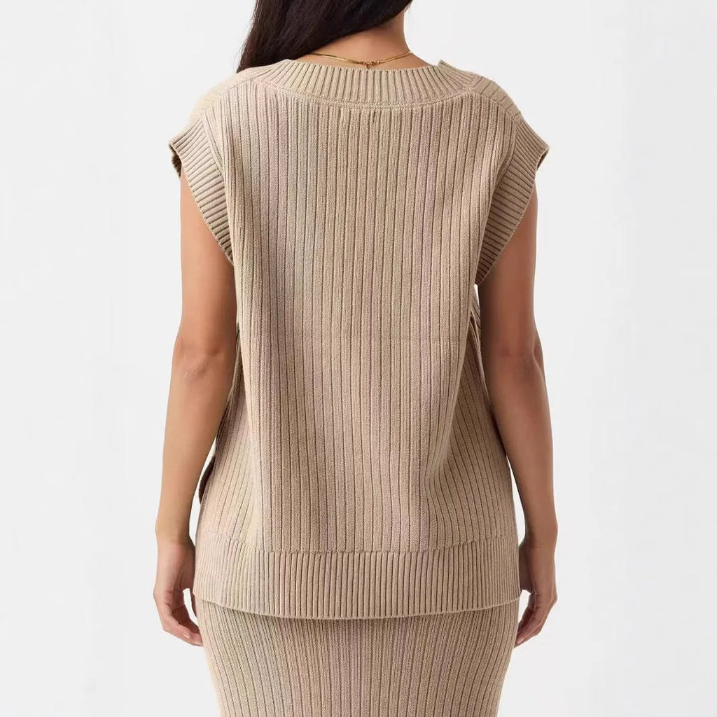 Women's V-neck sleeveless vest in camel colour with loose fit pullover design