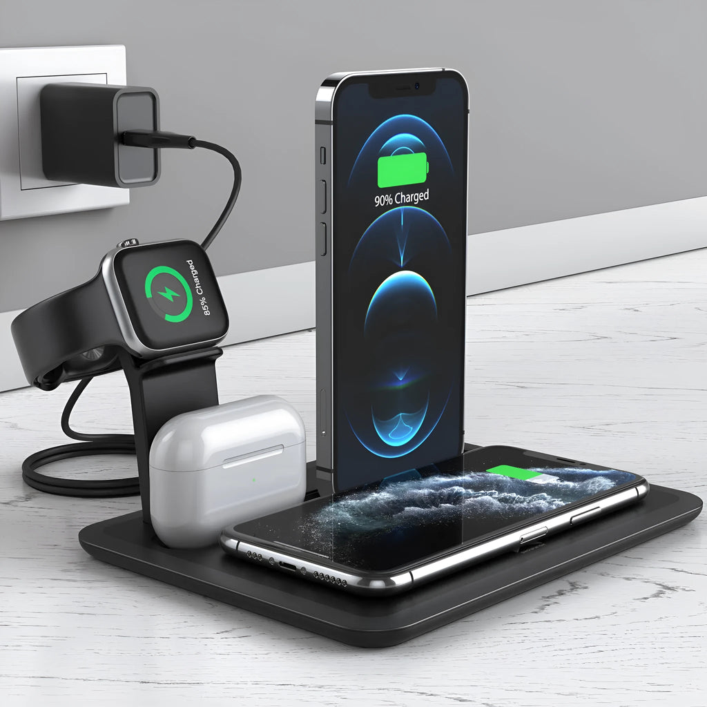 Black multifunction desktop wireless charger for phone, smartwatch and headphones on a wooden desk.