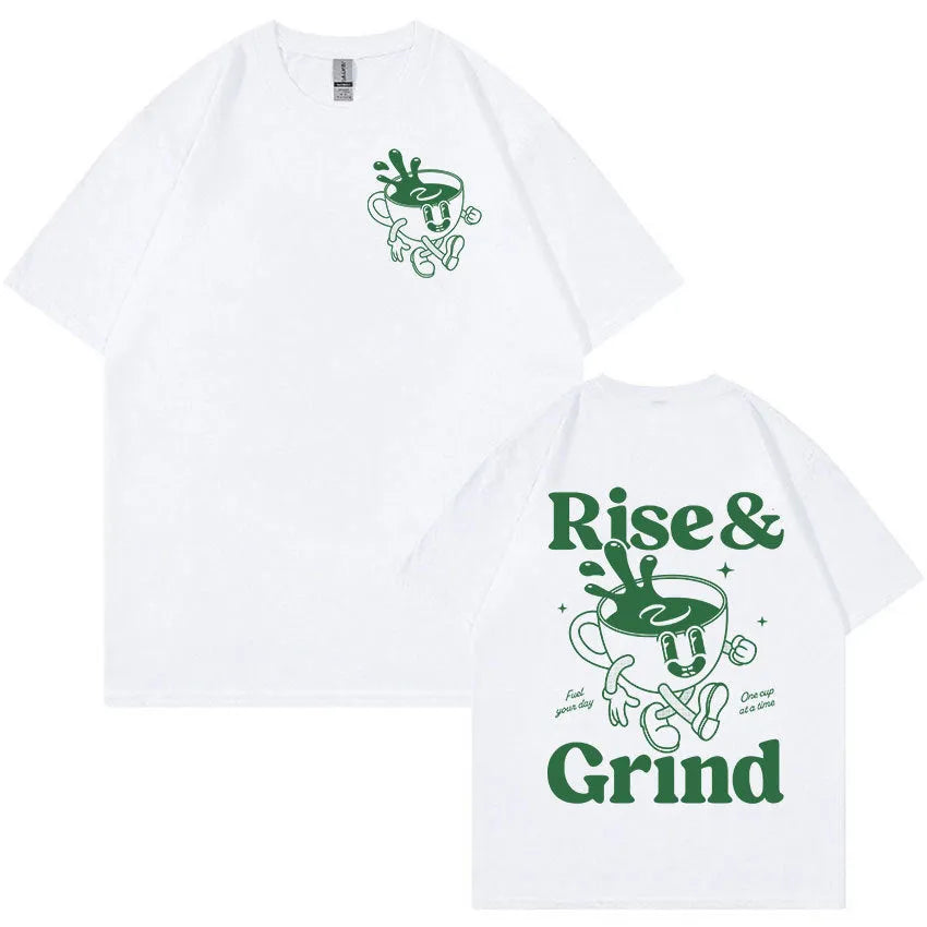 Rise And Grind Green Coffee fun expression printed on a loose-fit linen blend cartoon t-shirt.