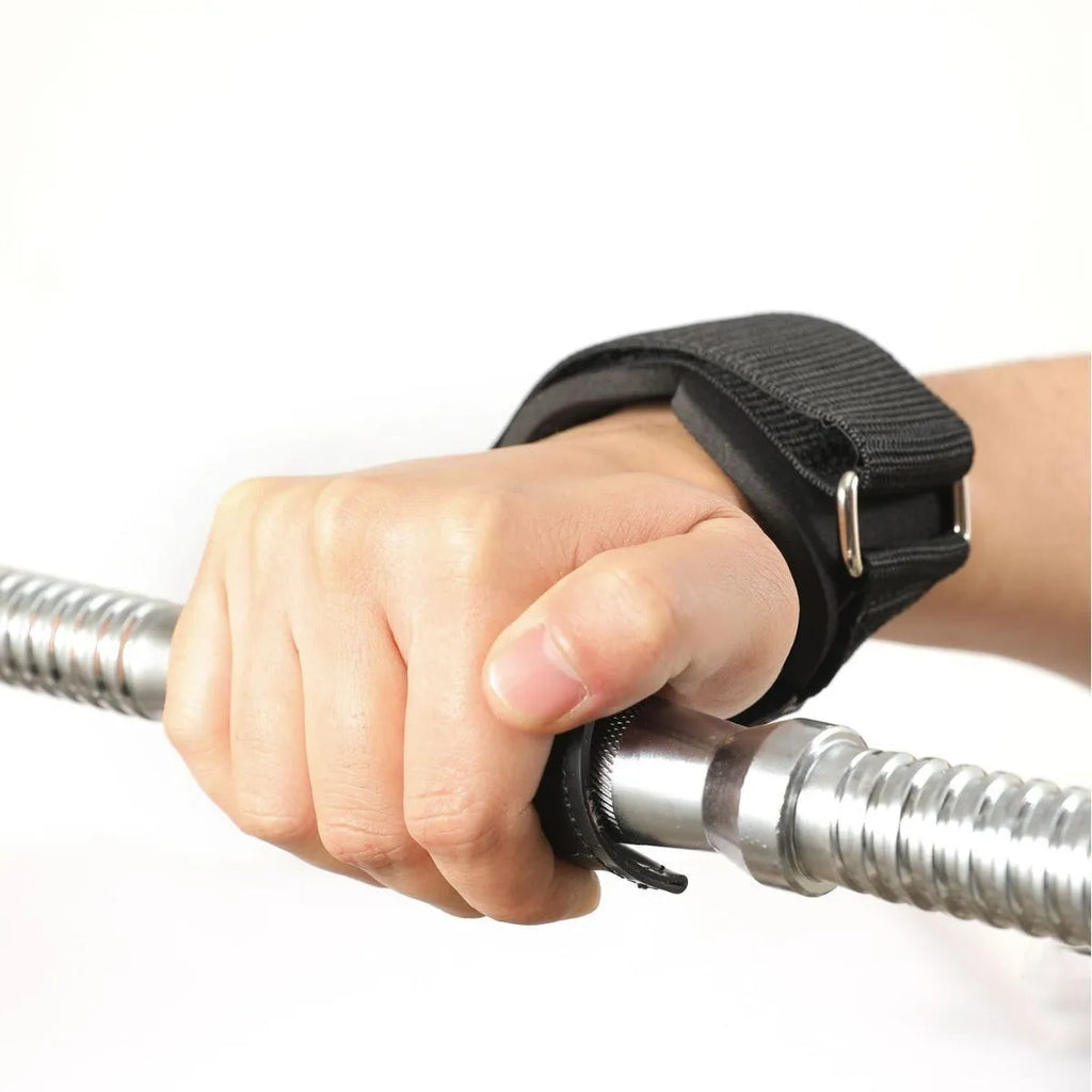 A pair of black rubber palm protection assist belts for rock climbing and weightlifting.