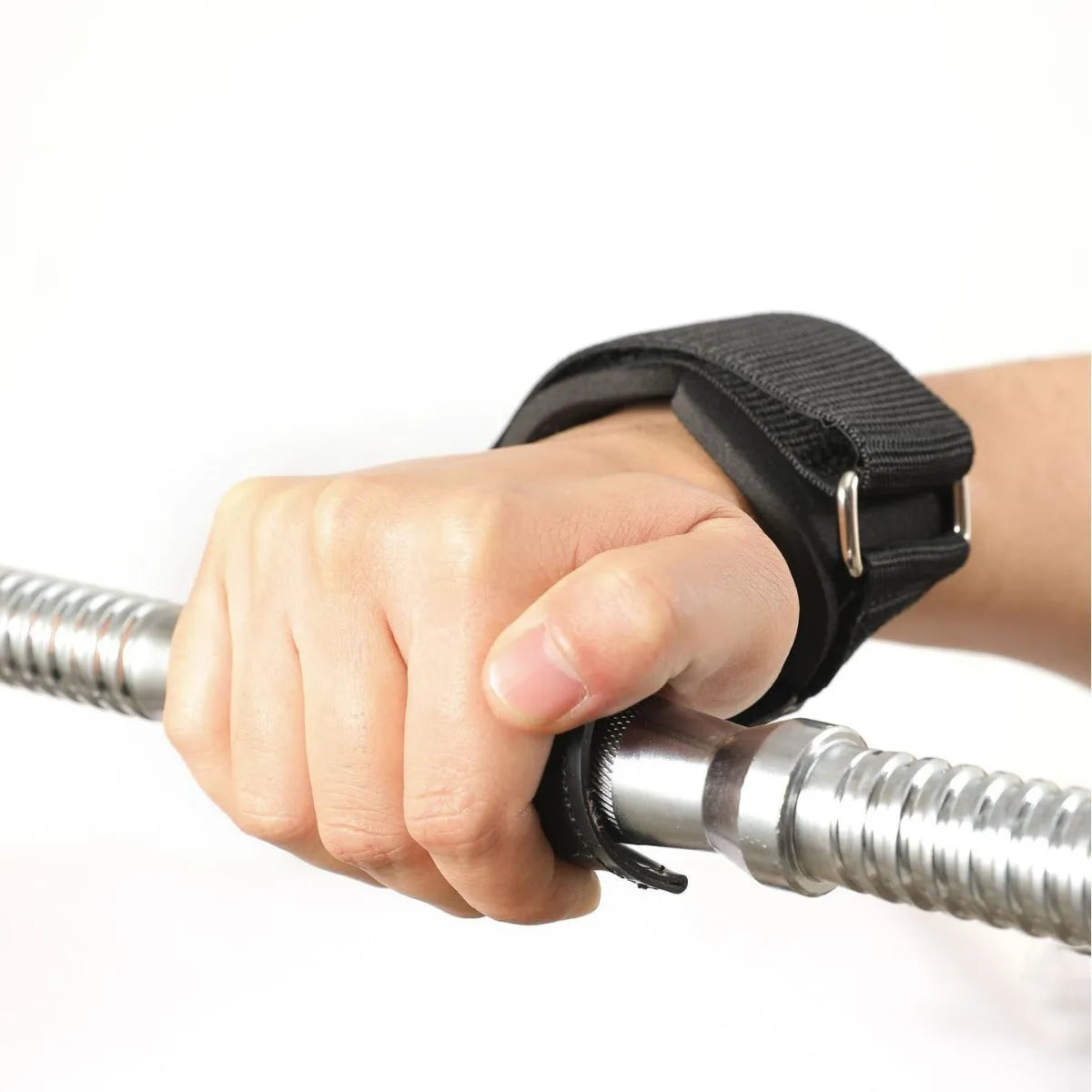 A pair of black rubber palm protection assist belts for rock climbing and weightlifting.