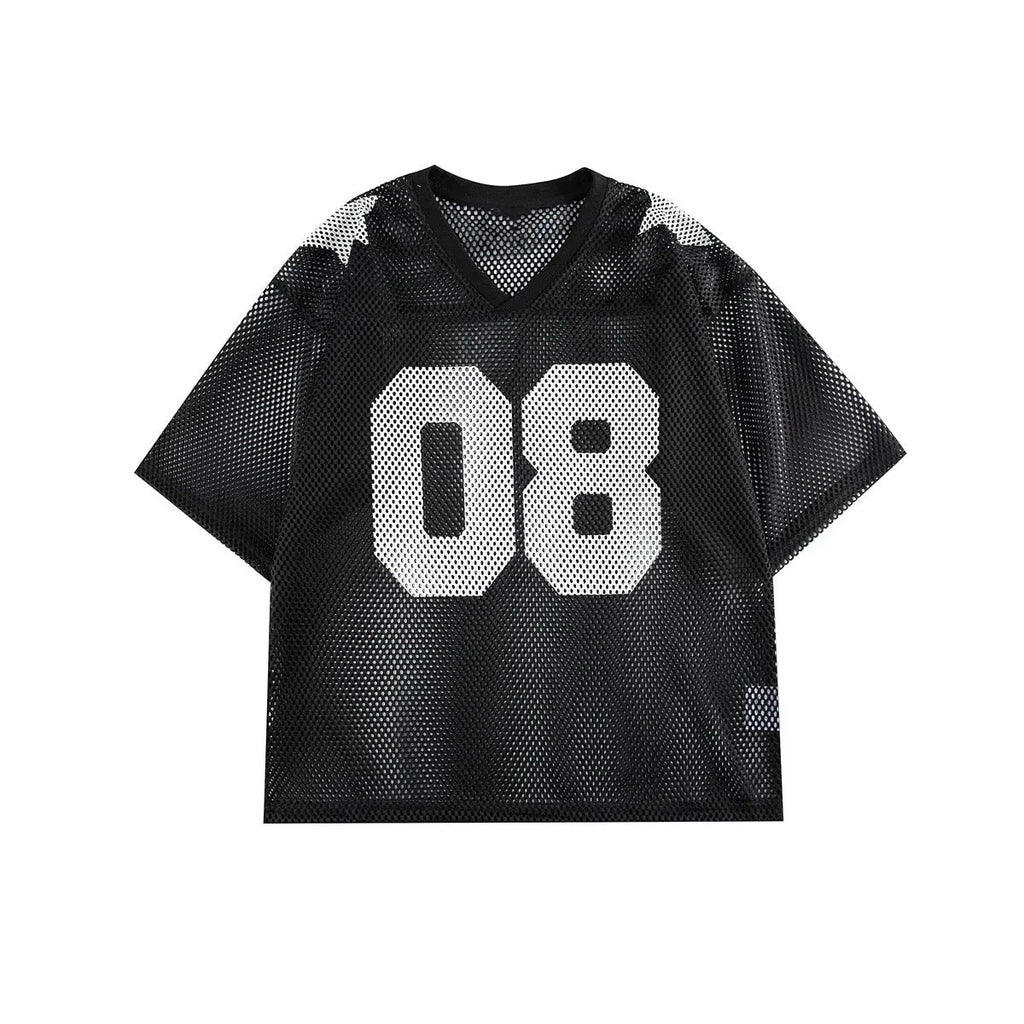 Black and navy blue half sleeve shirt with letter pattern, loose-fitting polyester pullover