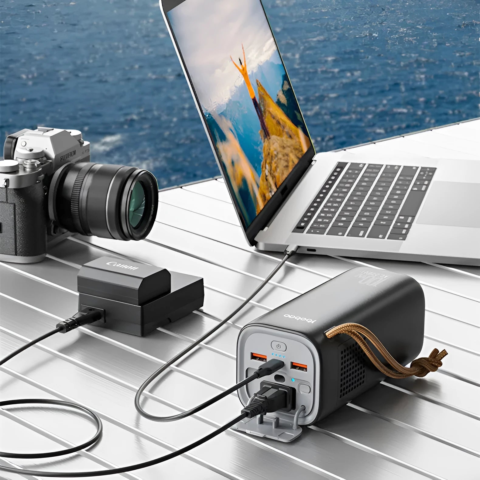 Black portable power bank with 20000mAh battery capacity and solar charging panel