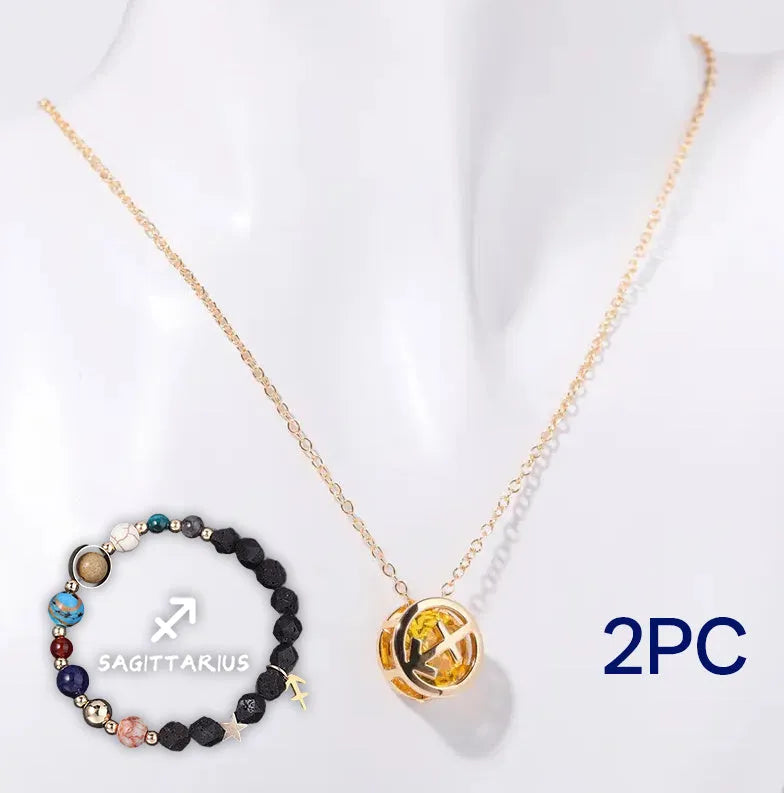 Natural stone beaded necklace and matching bracelet set laid flat, showing various bead colours and styles.