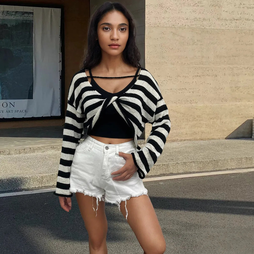 Striped long-sleeved sweater with front and back wearable design in mercerised cotton