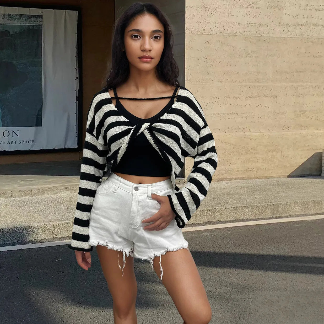 Striped long-sleeved sweater with front and back wearable design in mercerised cotton