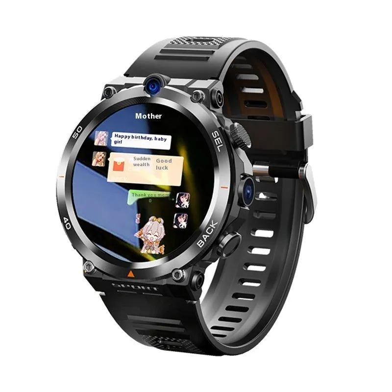 Sports smartwatch with dual cameras on a wrist, showing TFT touchscreen display.