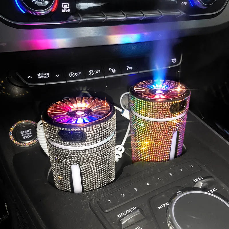 Rhinestone car humidifier with colourful LED lights, 15cm portable design for auto aromatherapy