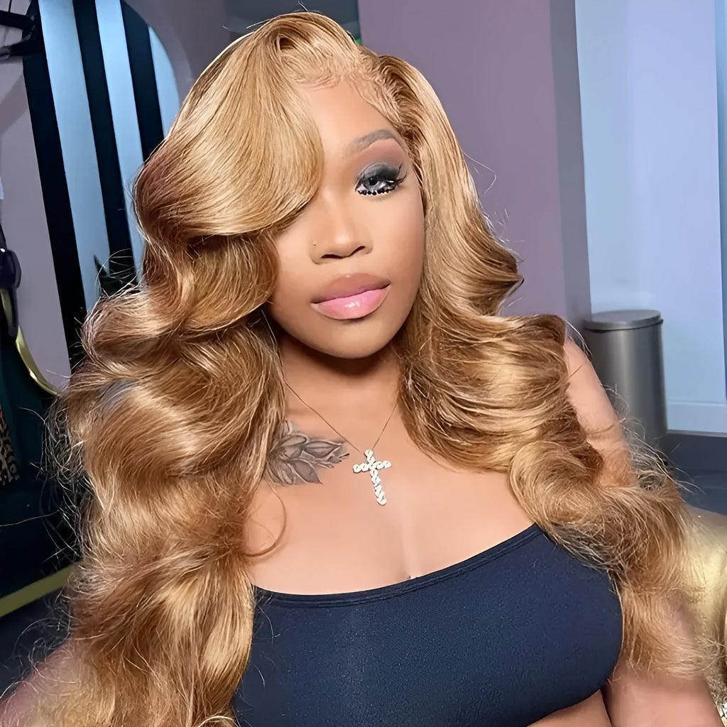 Light brown synthetic wig with big wave curls and side bangs in a long length.