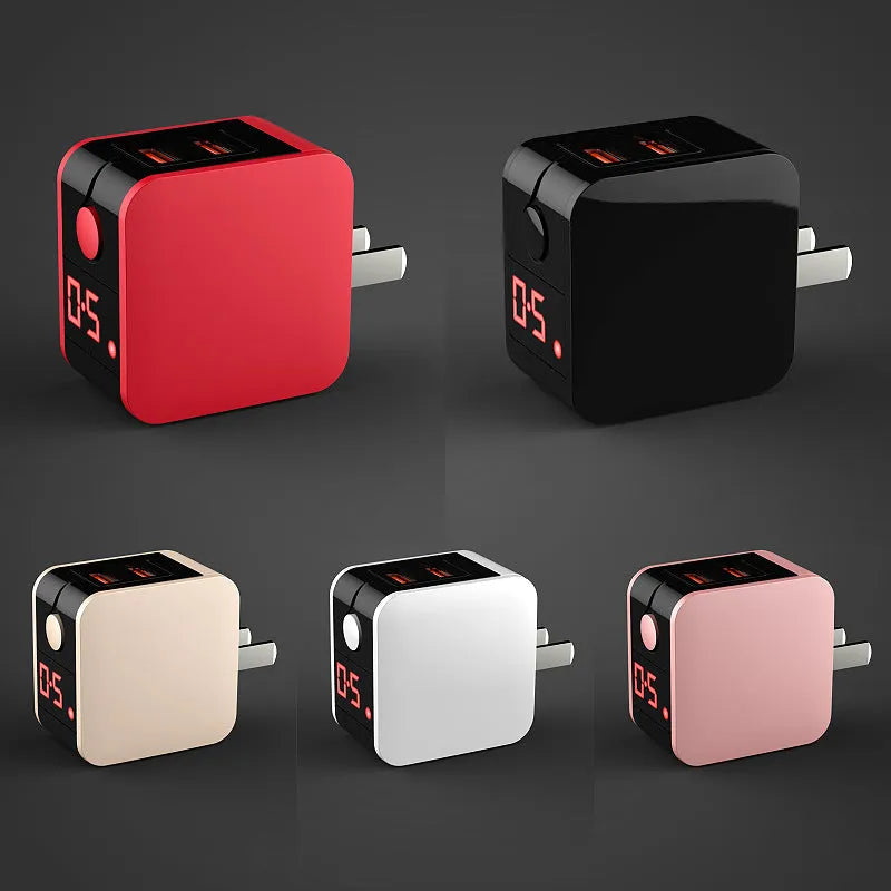 Black 5V2.4A dual USB travel charger with digital display screen and US standard plug.