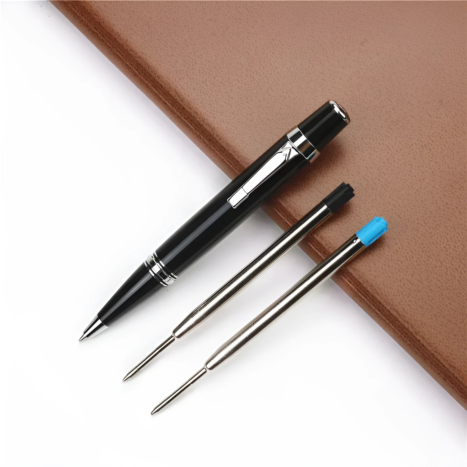Black metal pocket signature pen with 0.7mm refill and two spare black refills