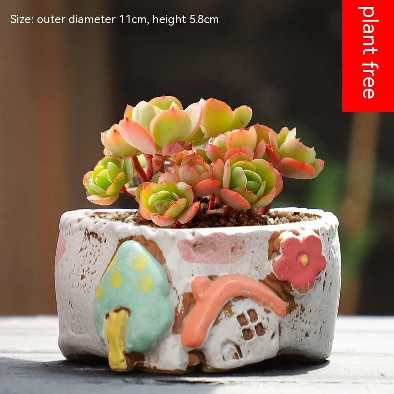 Large handmade ceramic flowerpot with pastoral hand-painted design for indoor plants