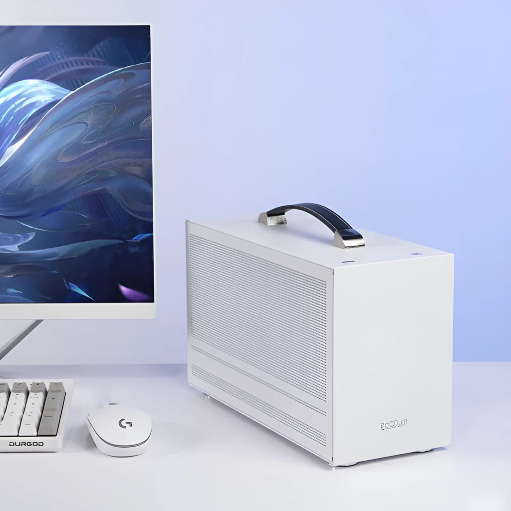 Hummingbird PRO mini-ITX desktop computer case in titanium grey and white colour options.