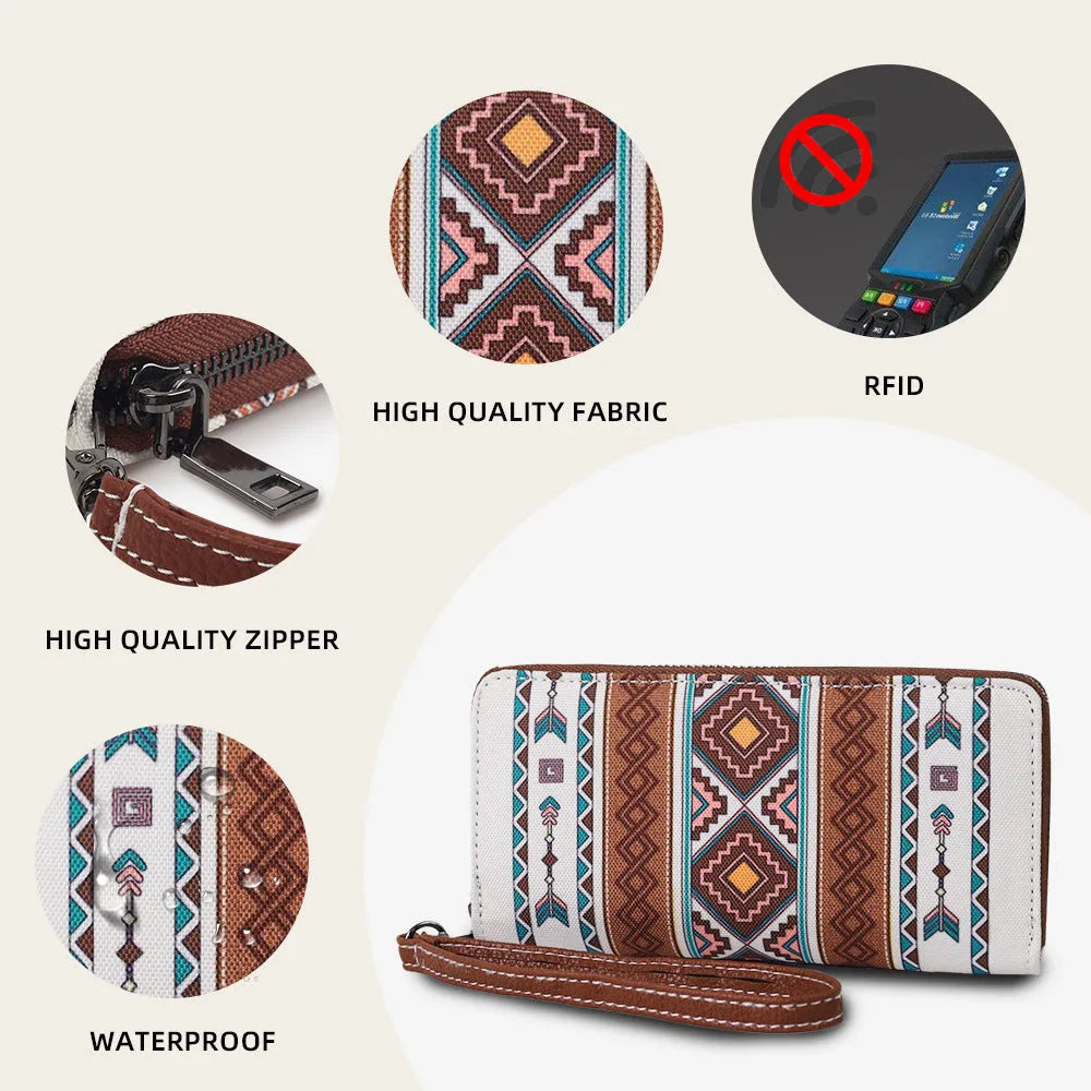 Bohemian striped canvas RFID wallet with a wind belt closure shown in beige.
