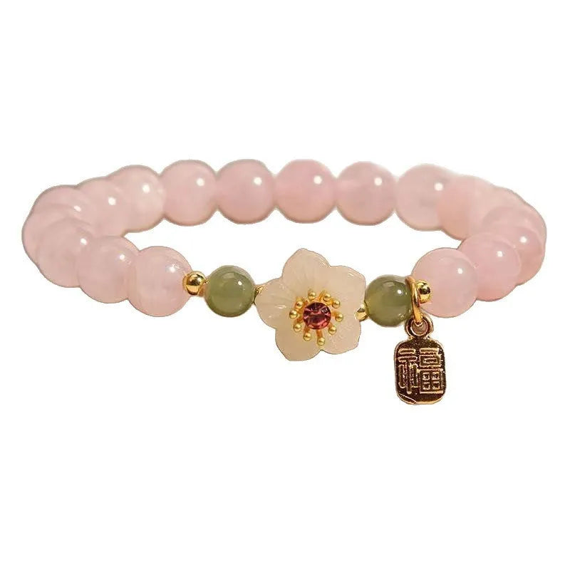 Women's crystal beaded bracelet with Hetian jade style beads, a fruit pendant, and camellia motifs in a blessing card colour.