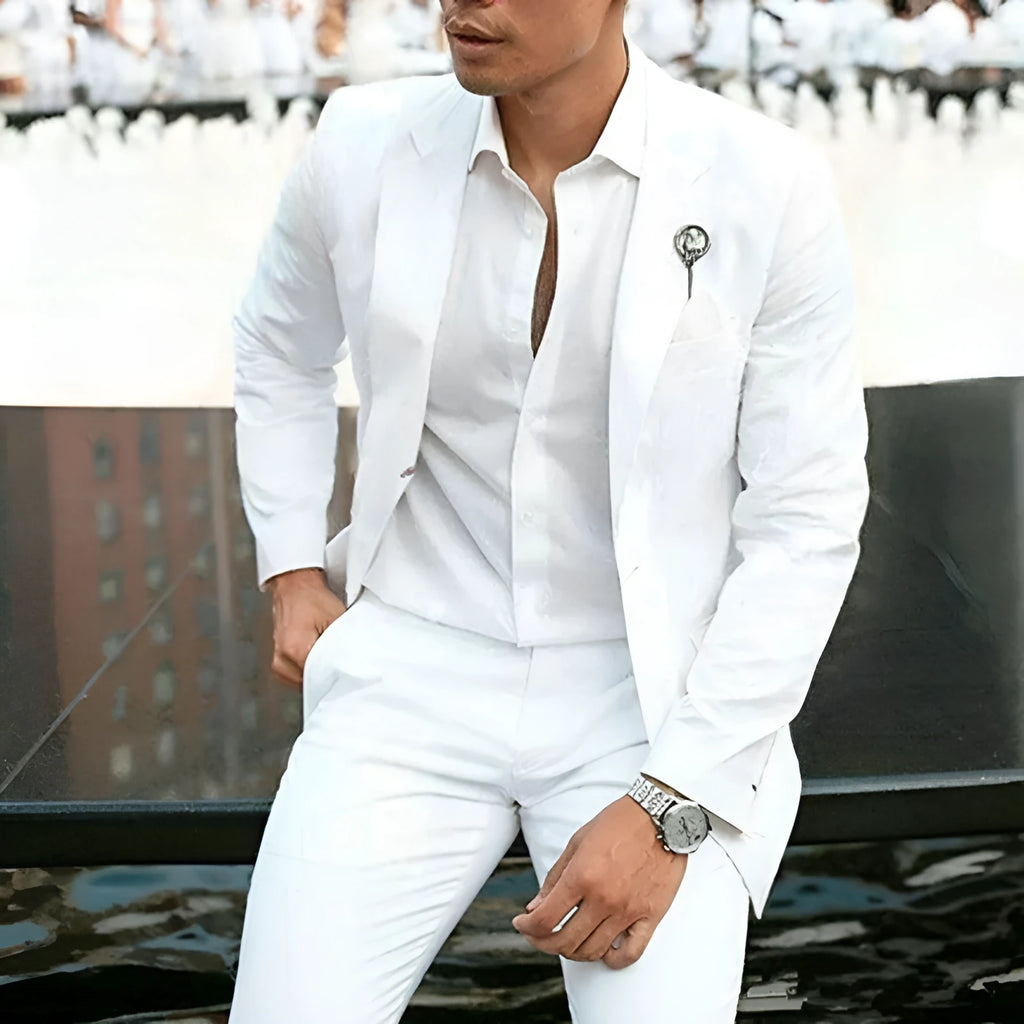 Men's white two-piece wedding suit in slim fit style with jacket and trousers