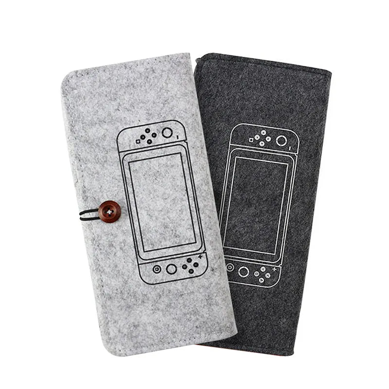 Black felt pouch case for Nintendo Switch open to show console compartment and five game card slots.
