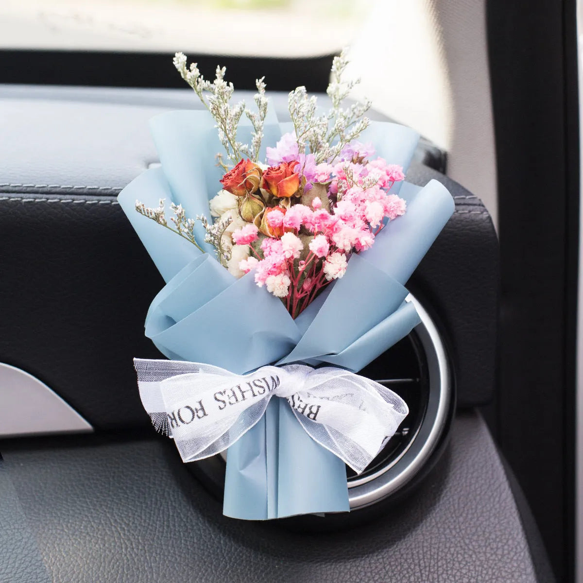 Handmade dried flower bouquet car vent air freshener clip in assorted colours.