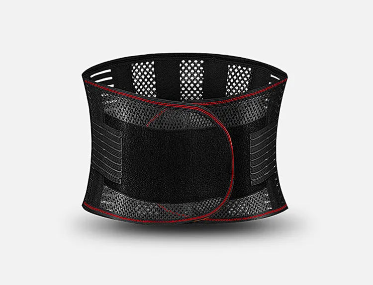 Black breathable sports waist support with internal steel plate for lumbar protection during fitness activities