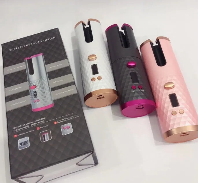 Portable USB charging curling iron with gold ceramic barrel in white, pink or grey colours