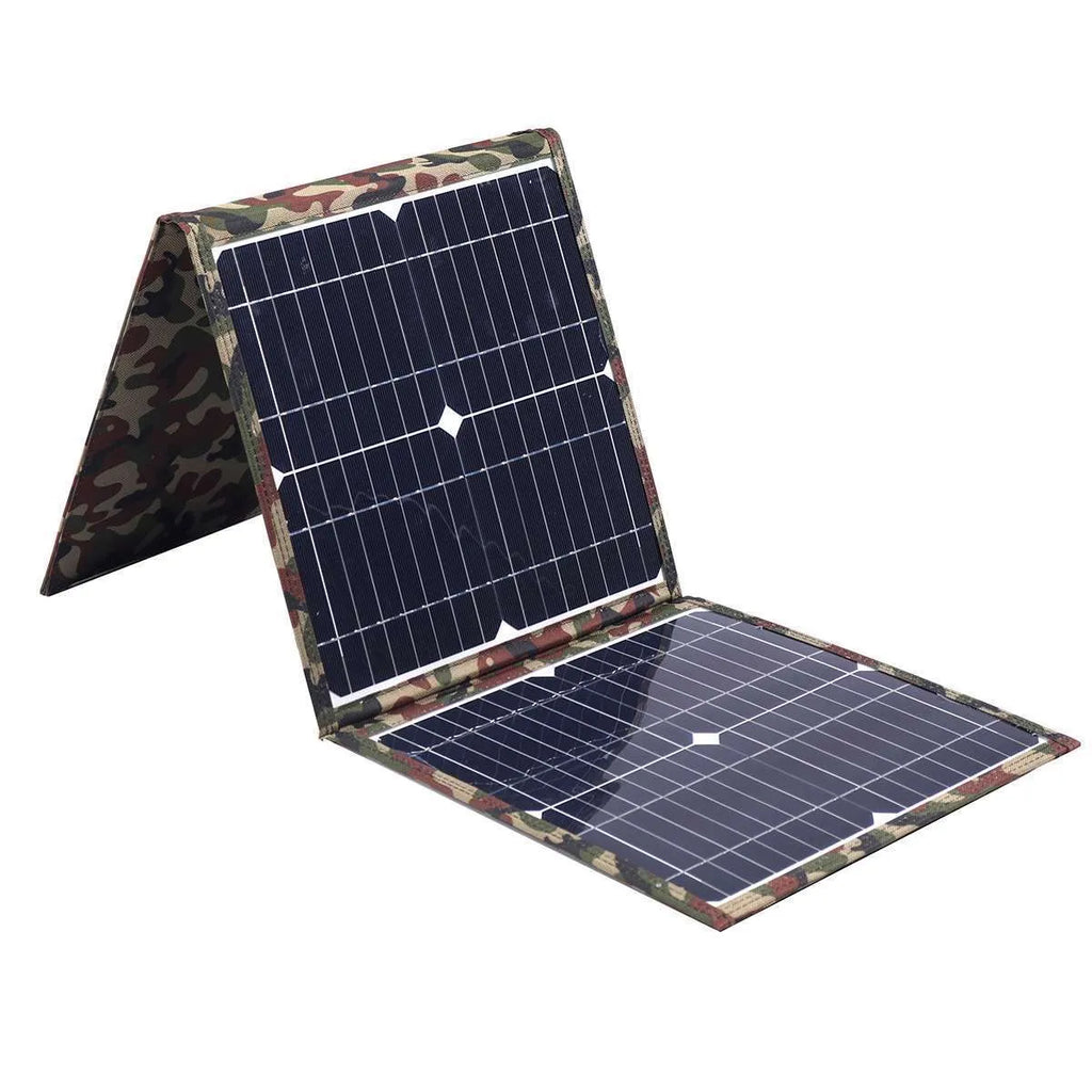 Black foldable 36W solar panel with monocrystalline cells showing folded dimensions of 87cm by 28.5cm