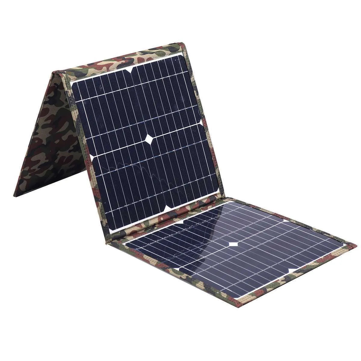 Black foldable 36W solar panel with monocrystalline cells showing folded dimensions of 87cm by 28.5cm