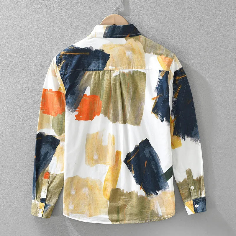 Printed cotton loose cardigan top with long sleeves in artistic design