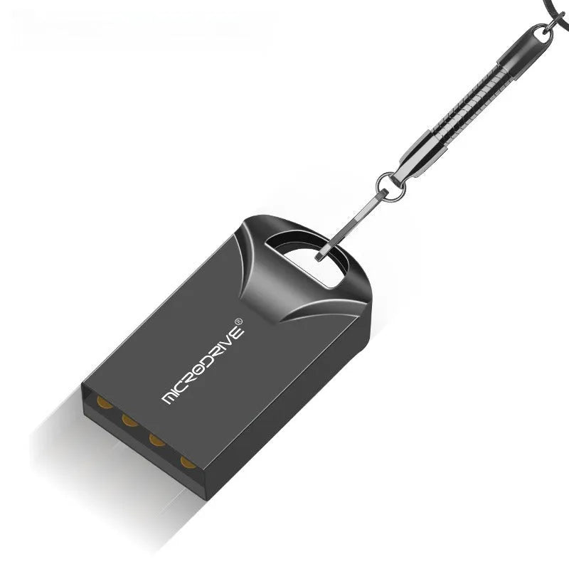 Small black and silver metal USB flash drive showing compact size and USB connector.