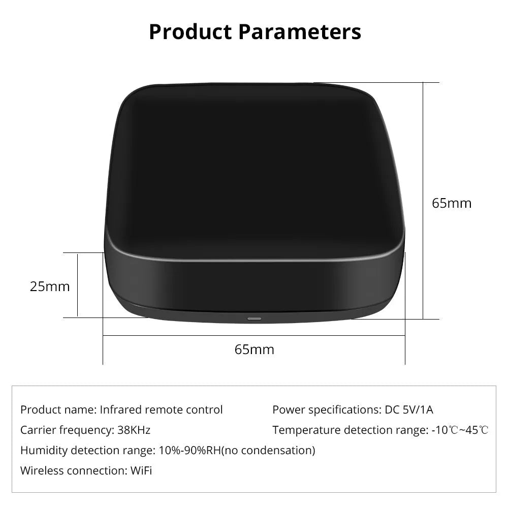 Black universal infrared remote control with voice command, WiFi connectivity, and temperature humidity sensors.