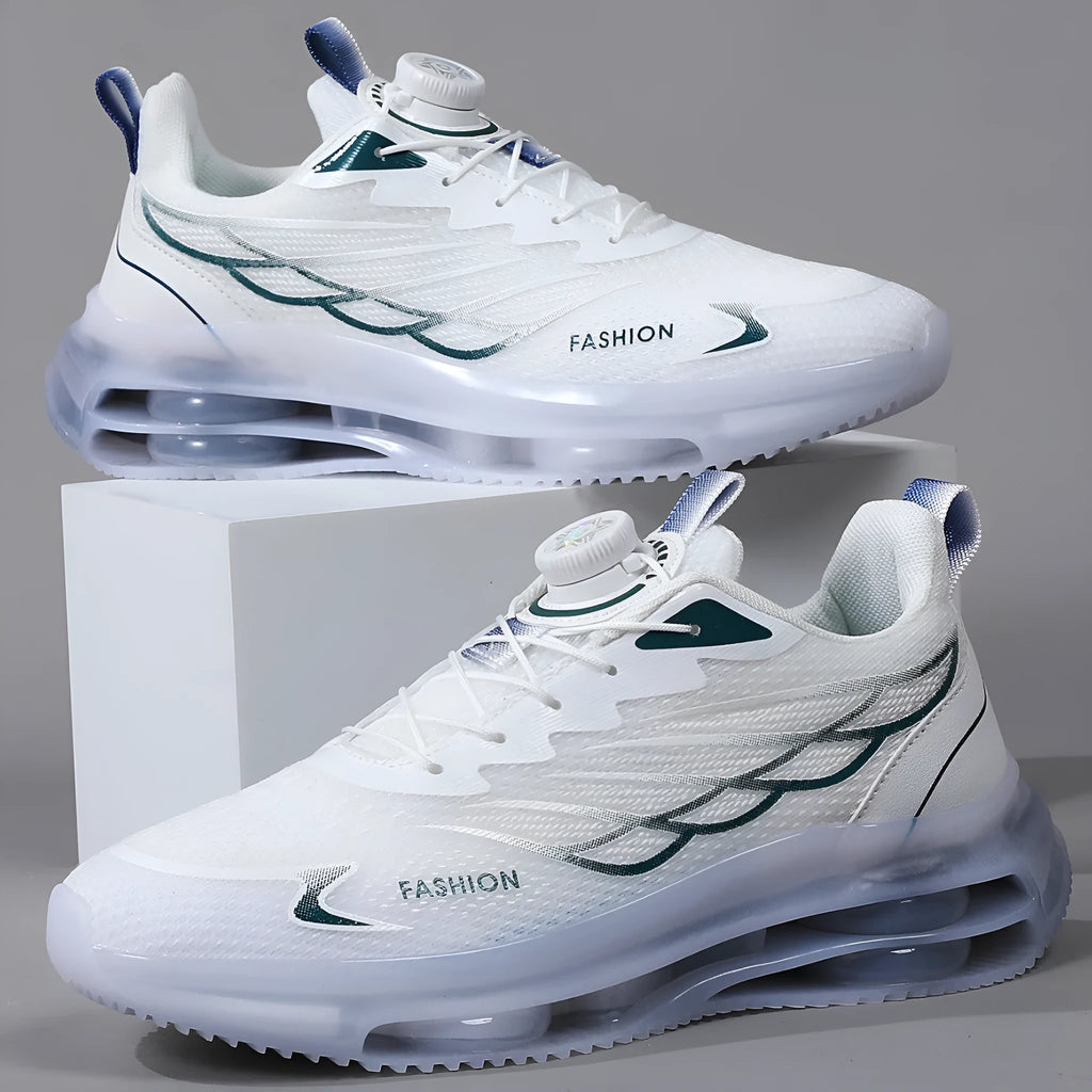 Men's white low-top mesh casual shoes with rotating button and lace-up closure, rubber sole.