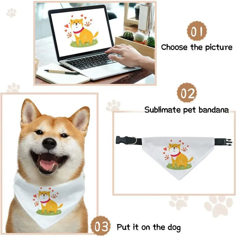 White polyester dog scarf for thermal transfer customisation in S, M, L, and XL sizes