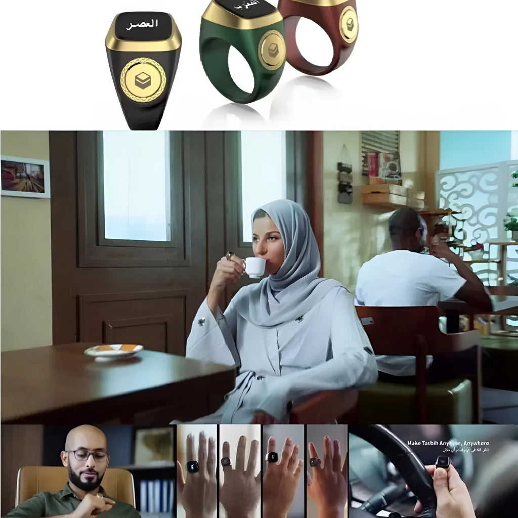 Zikr1 silver smart ring on a finger showing its OLED display and single button.