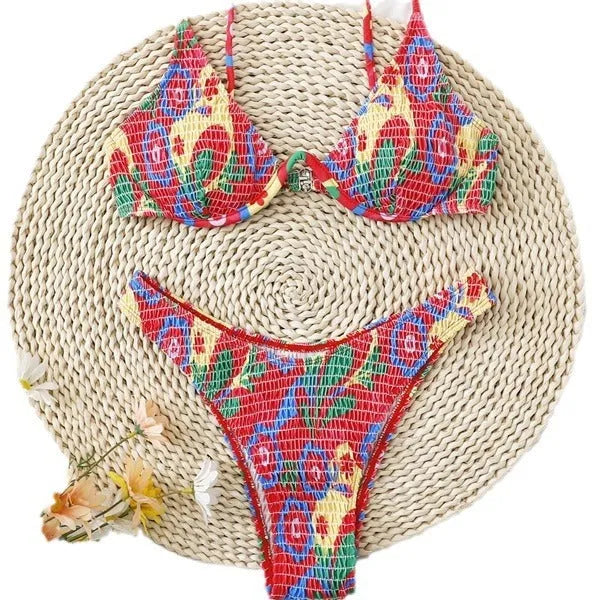 Red floral underwire bikini set with triangle top and briefs bottoms for women's swimming