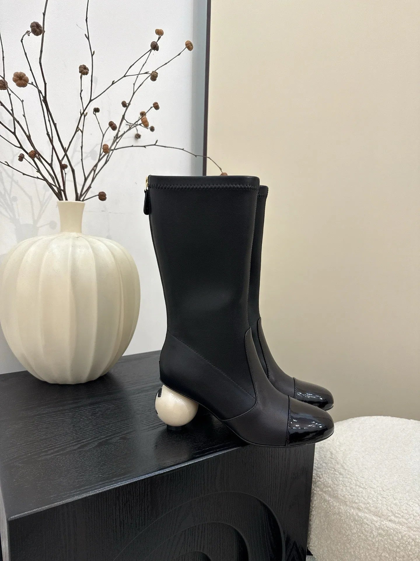 Women's chunky heel ankle boots in apricot with round toe, back zipper, and sheepskin lining