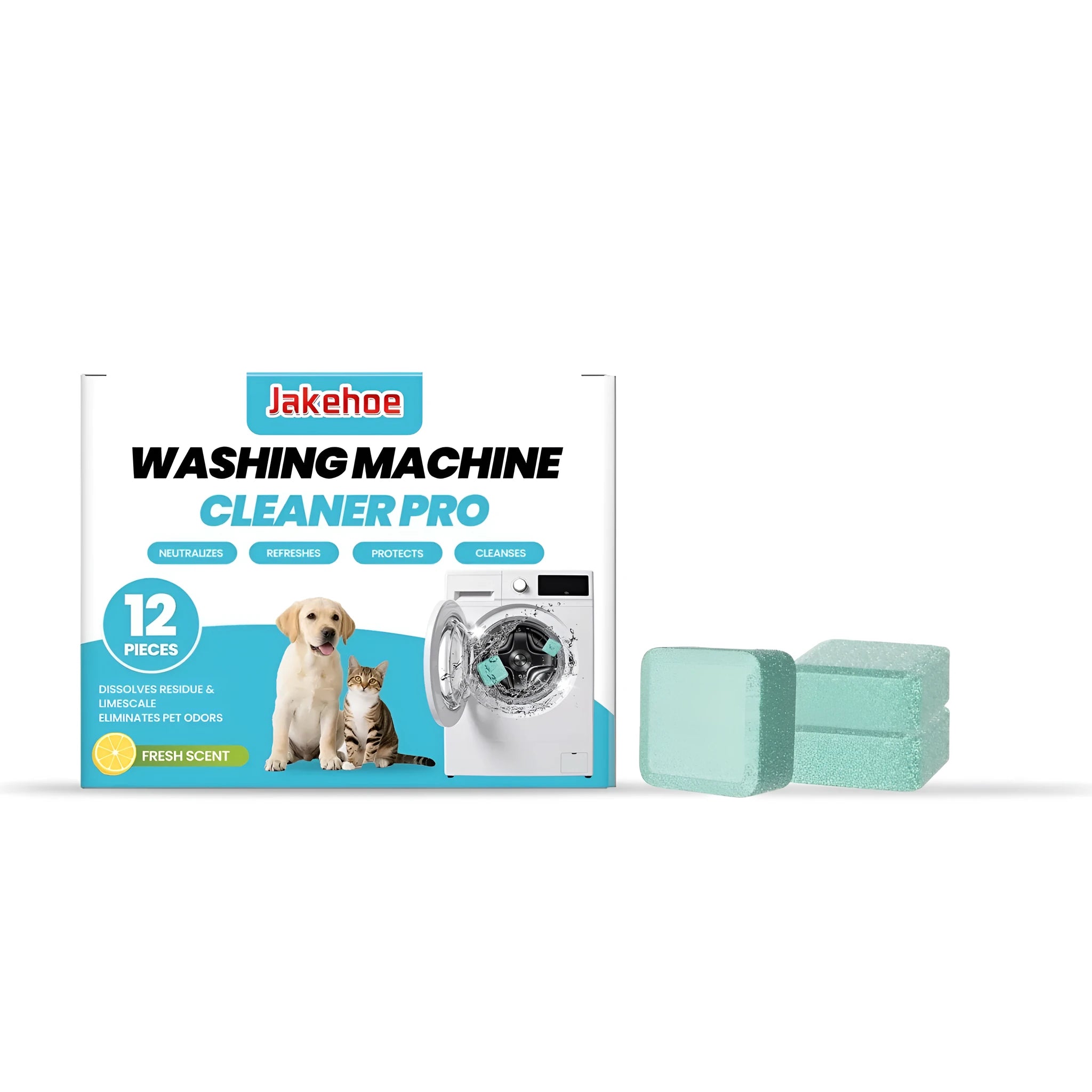 A pack of 12 dissolvable washing machine cleaning sheets for drum cleaning and deodorising.