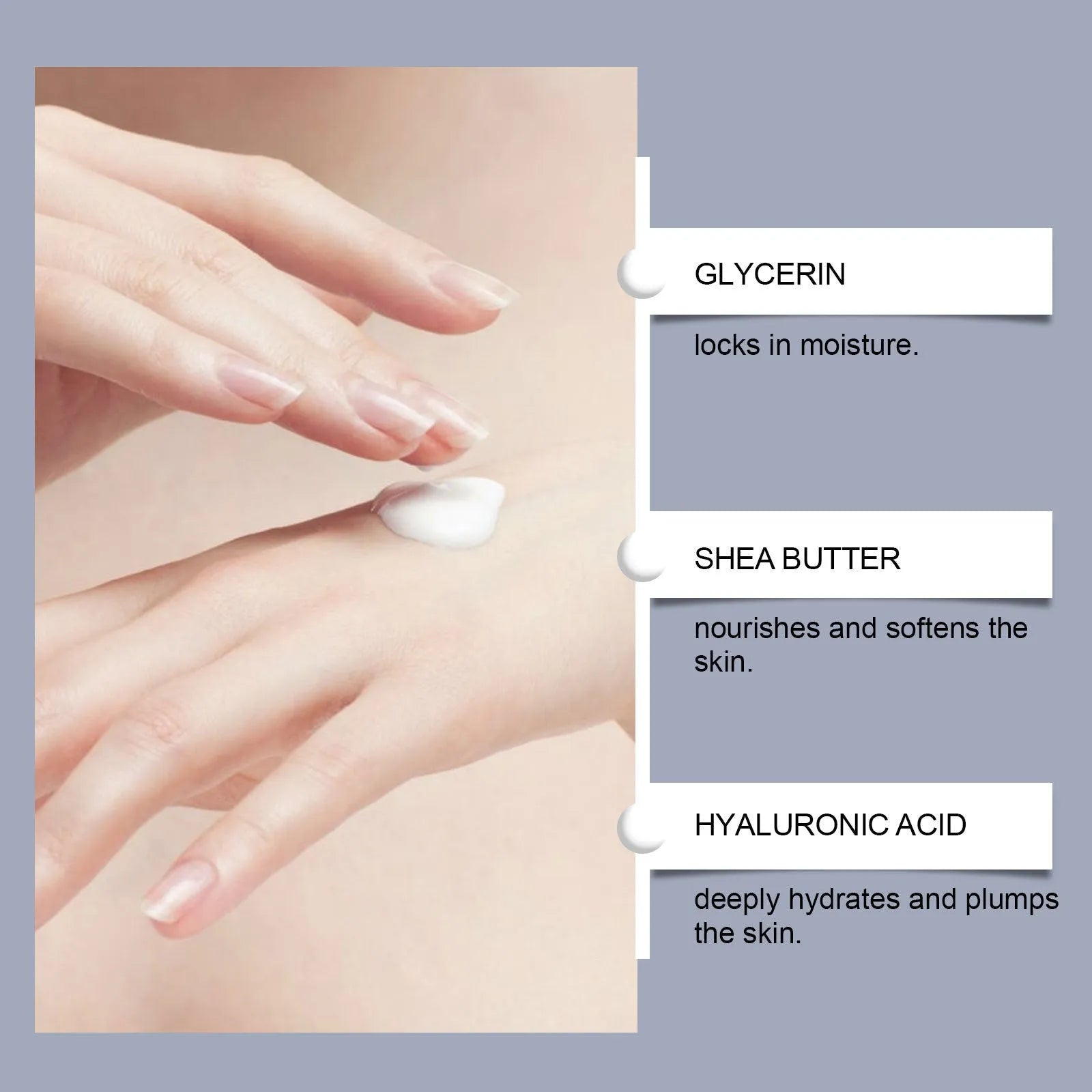 30g tube of moisturising hand cream with glycerin, hyaluronic acid and shea butter oil