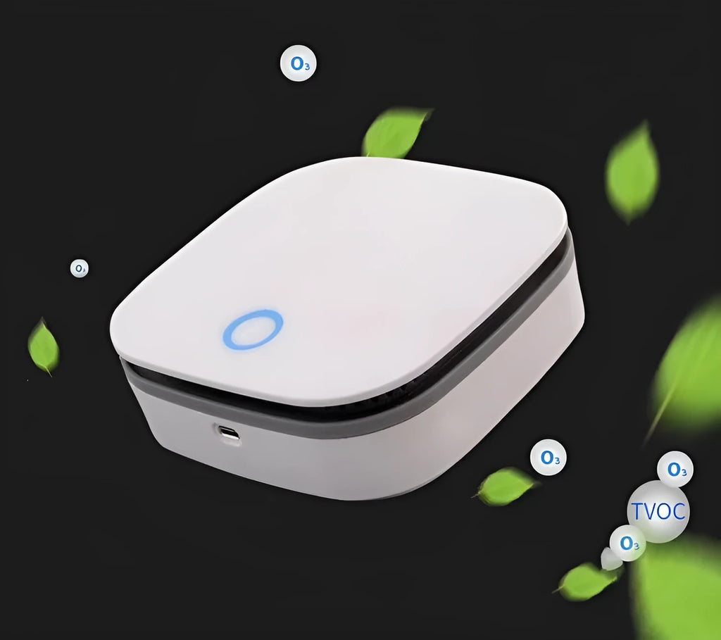 White USB-powered air purifier for car and small room use with negative ion function.