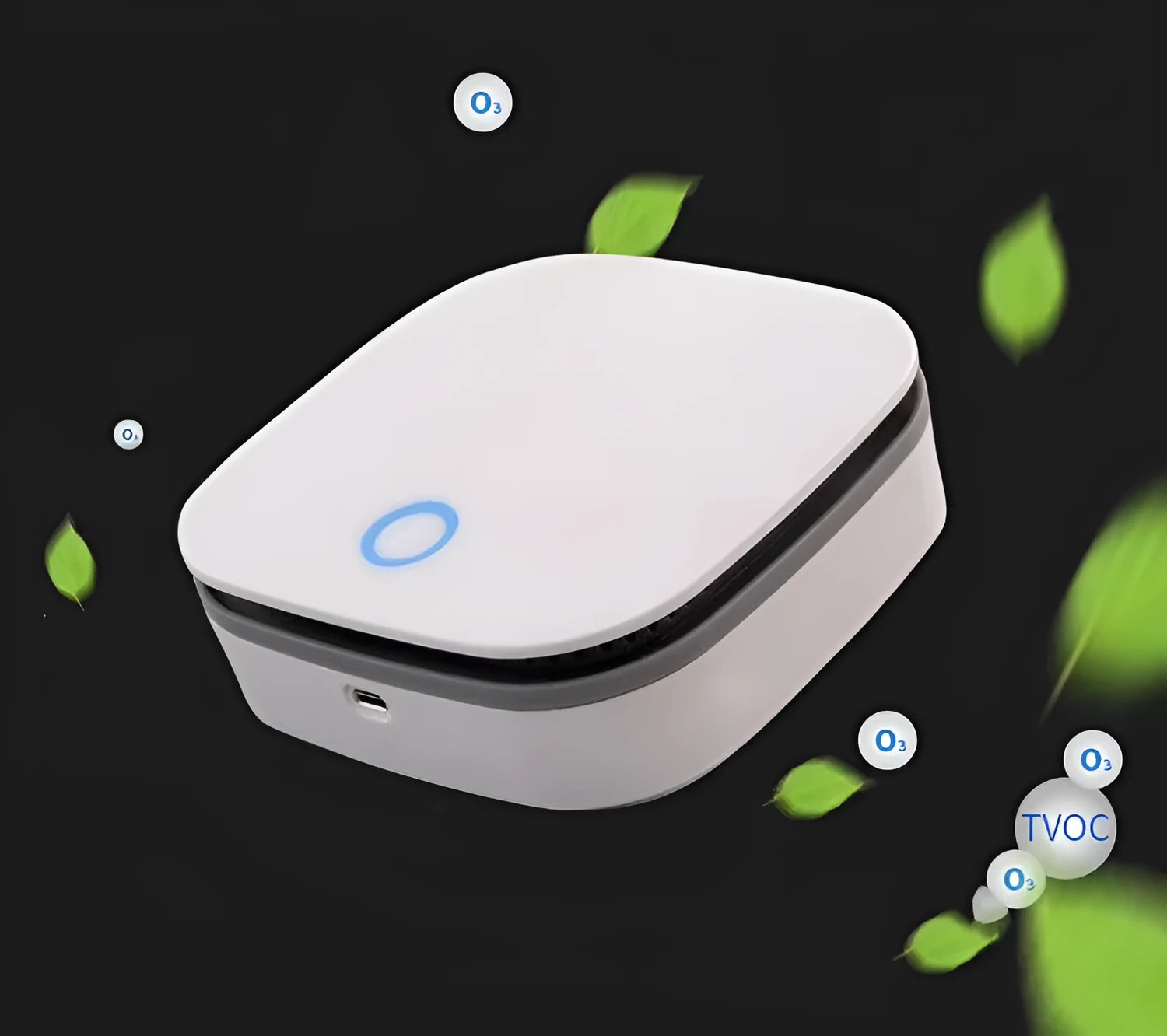 White USB-powered air purifier for car and small room use with negative ion function.