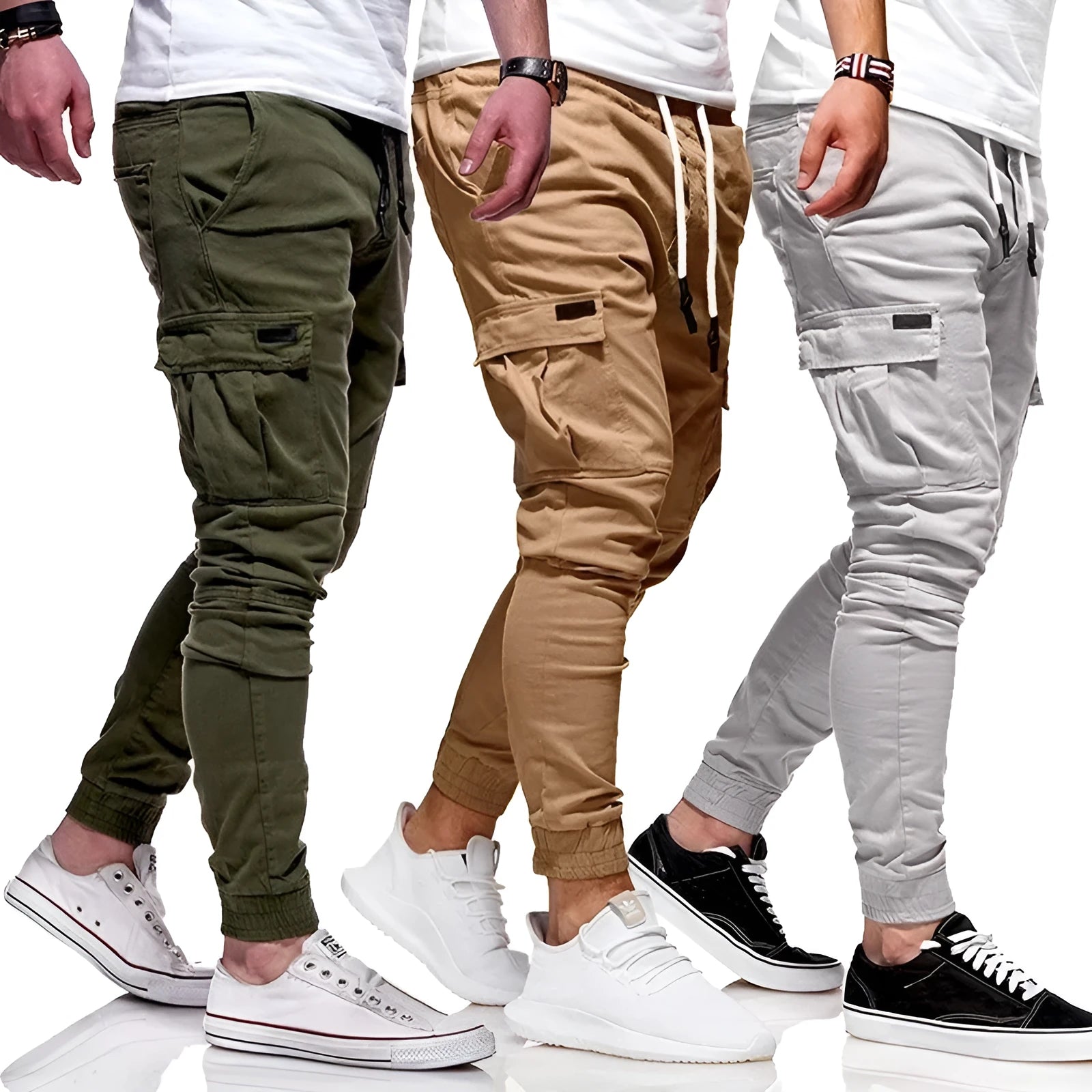 Men's autumn thin cotton casual trousers in khaki, 100% cotton fabric, side view