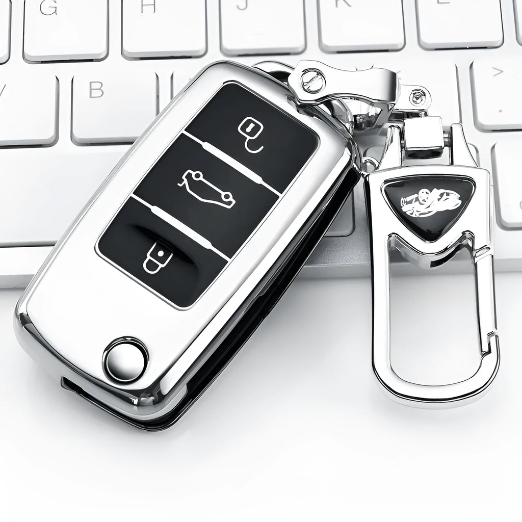 TPU key case for VW Model A folding keys in blue, pink, red, and silver colours, showing buckle attachment.