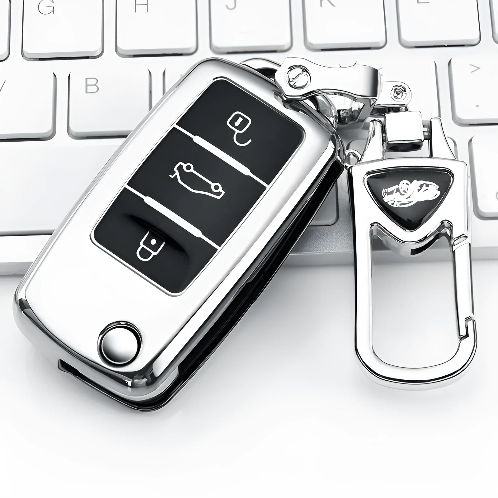 TPU key case for VW Model A folding keys in blue, pink, red, and silver colours, showing buckle attachment.