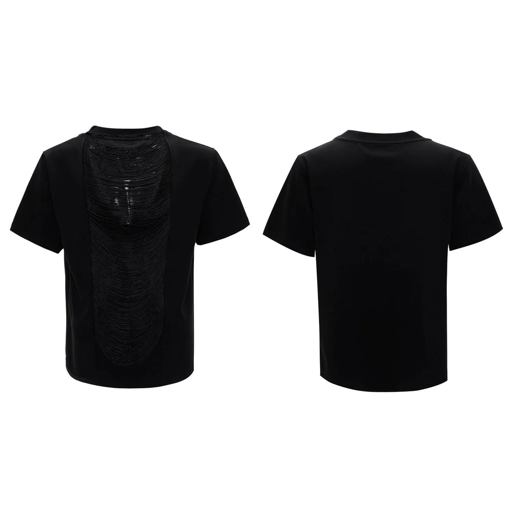 Drum black men's loose fit V-neck T-shirt with short sleeves and tussle detail.