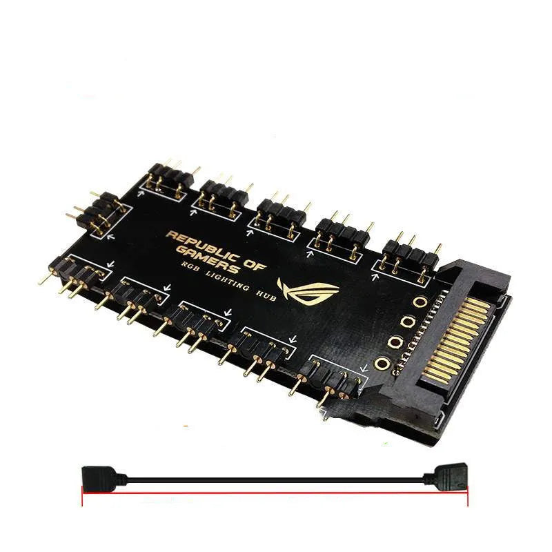 Black AURA RGB One Point Ten 10-port 5V hub with SATA power cable for PC lighting expansion.