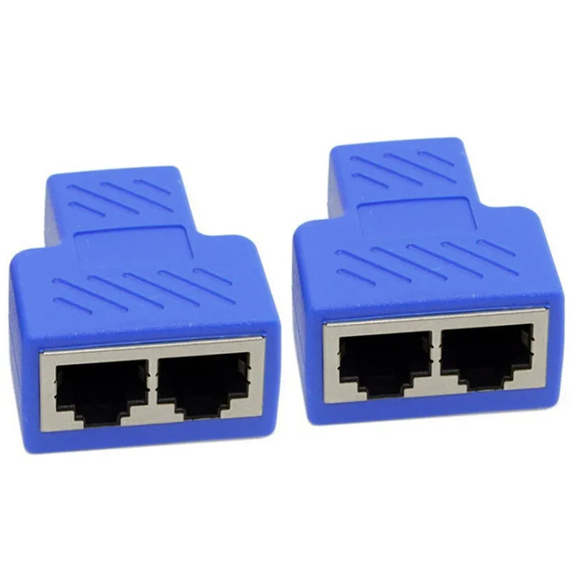 White RJ45 three-way network cable splitter adapter on a black background.