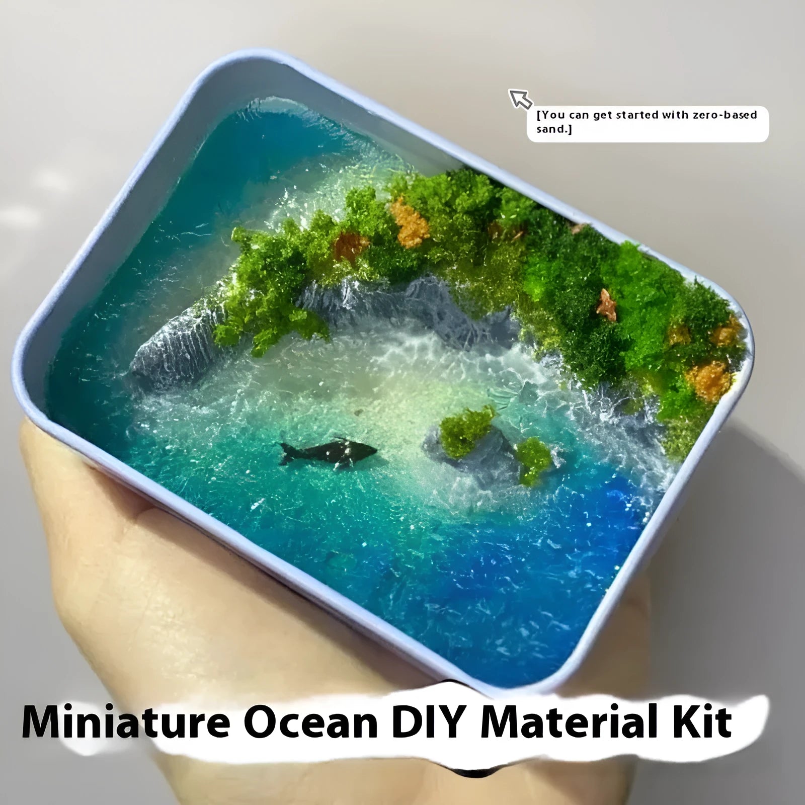 DIY marine landscape handmade model ornament with bamboo construction on iron box peninsula base