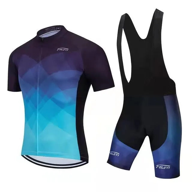 Man wearing a long sleeve cycling jersey and bib shorts set for summer road biking.