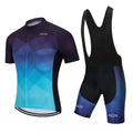 Man wearing a long sleeve cycling jersey and bib shorts set for summer road biking.